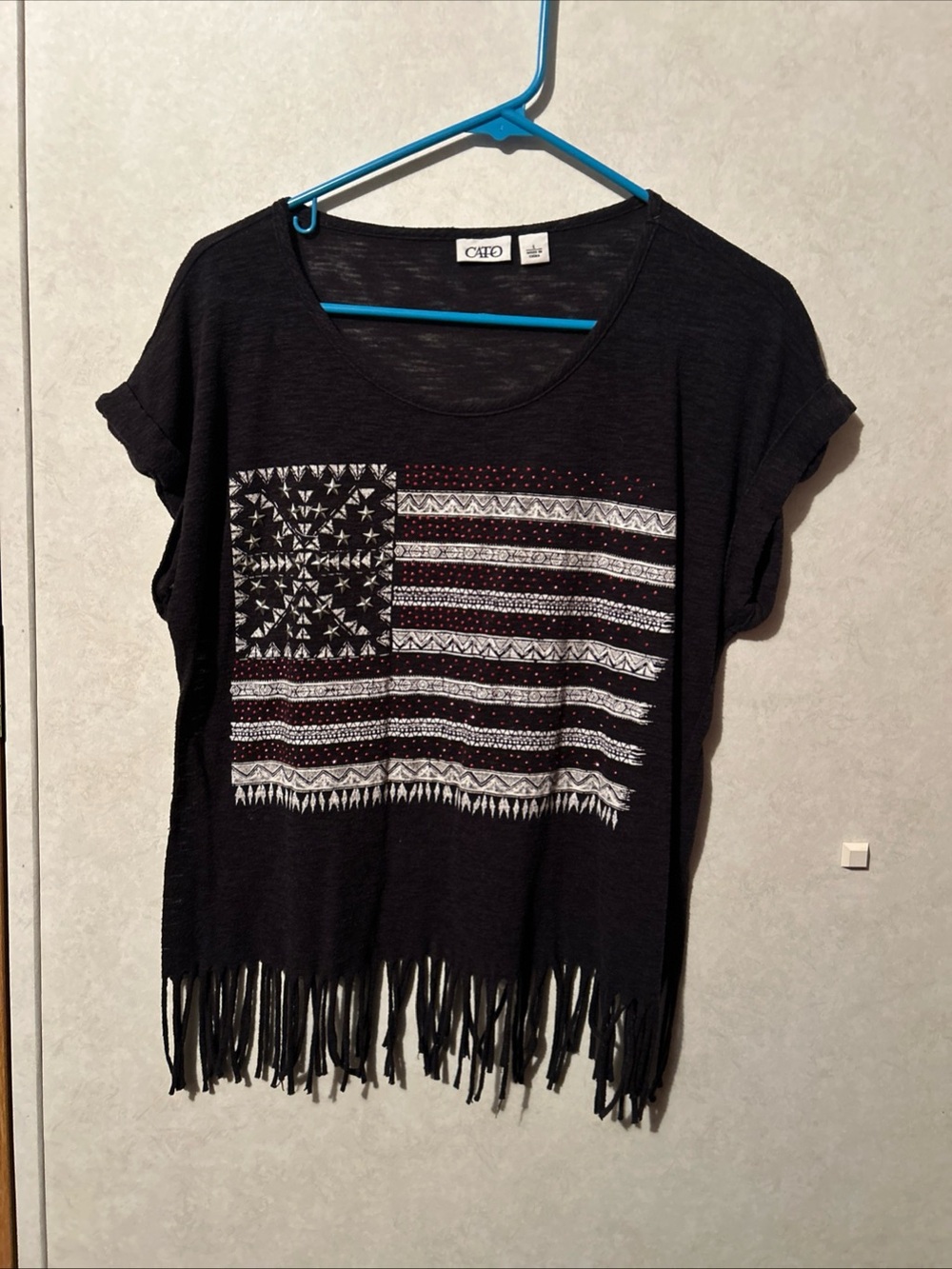 CATO Womens Shirt L Black USA Flag Studded Crew Fringe Top Festival Patriotic